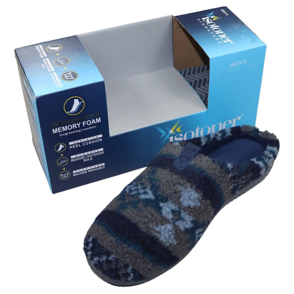 Isotoner Signature Memory Foam Indoor/Outdoor Men's Slippers NIB Navy Fairisle